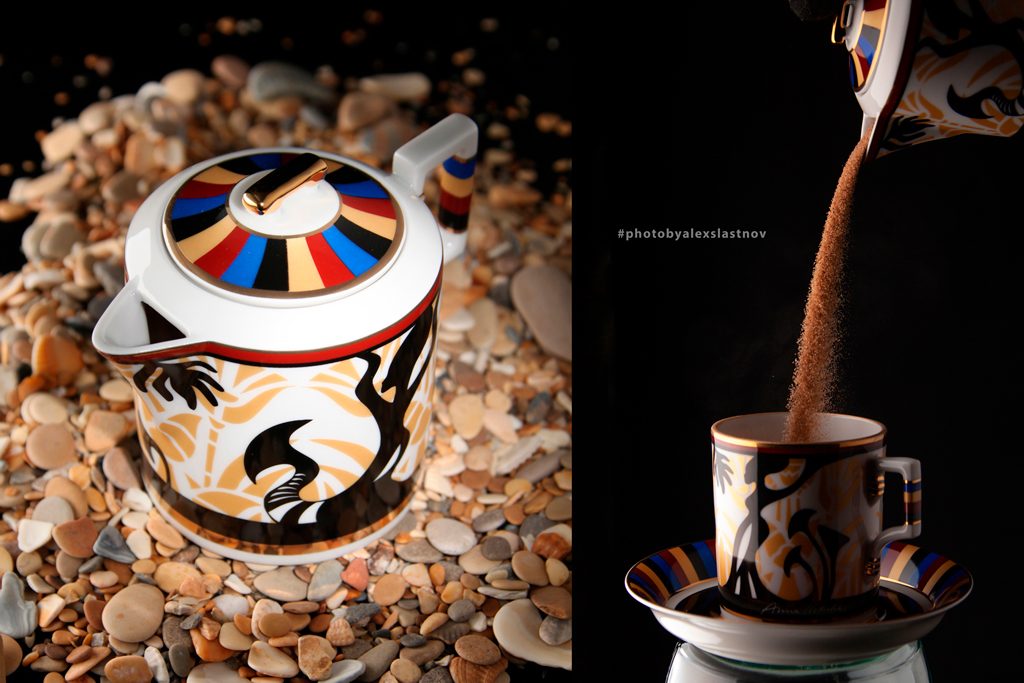 Advertising photo pair: a porcelain teapot on pebbles and coffee powder pouring into a cup on black