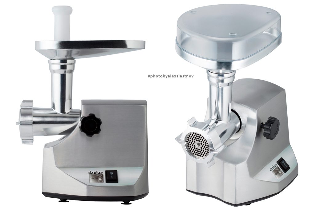 E-commerce product photo of a stainless steel electric meat grinder from two angles on white