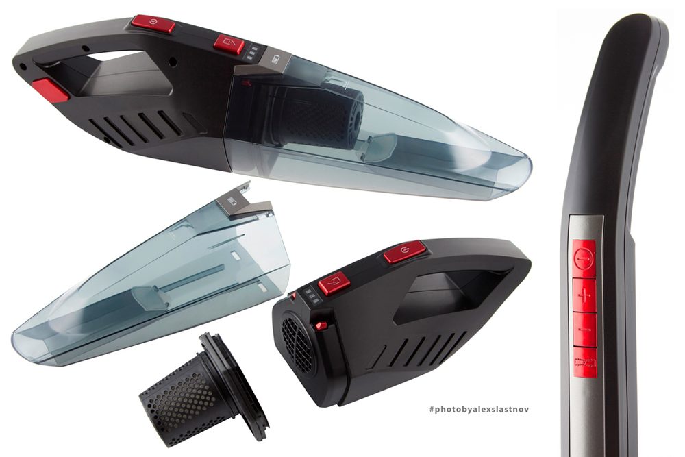 Amazon-style product photography of a handheld vacuum cleaner, assembled and in parts, on white